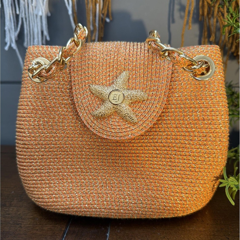Eric Javits Shoulder Purse Handbag Metallic Seashell Straw Gold chain 7"x 6"x4"